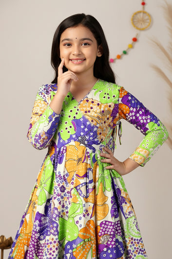 Girls Multicolor Chinon Silk Floral Printed Maxi Dress