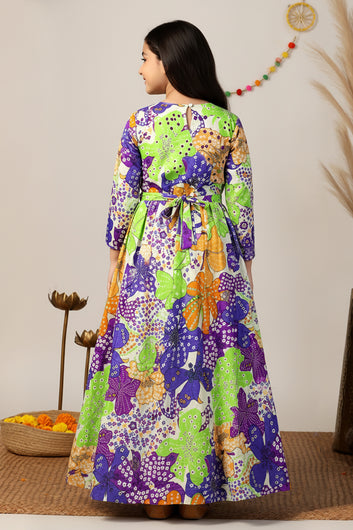 Girls Multicolor Chinon Silk Floral Printed Maxi Dress
