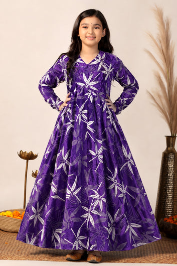 Girls Violet Chinon Silk Floral Printed Maxi Dress