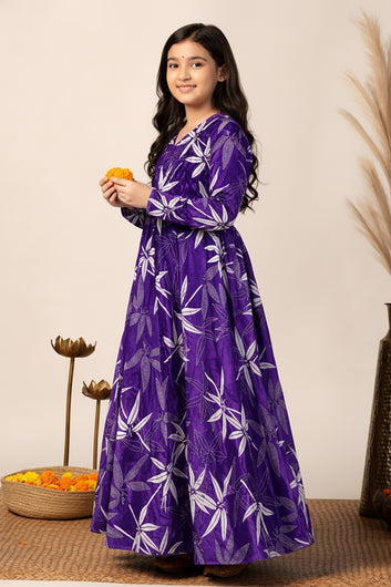 Girls Violet Chinon Silk Floral Printed Maxi Dress