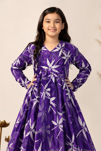 Girls Violet Chinon Silk Floral Printed Maxi Dress