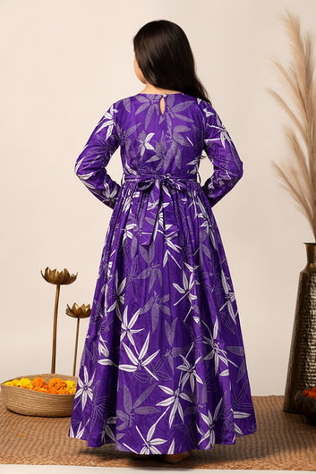 Girls Violet Chinon Silk Floral Printed Maxi Dress