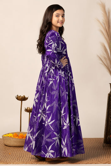 Girls Violet Chinon Silk Floral Printed Maxi Dress