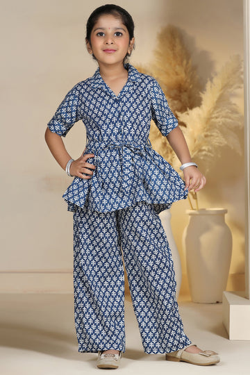 Girl's Blue Cotton Blend Printed Co-ord Set