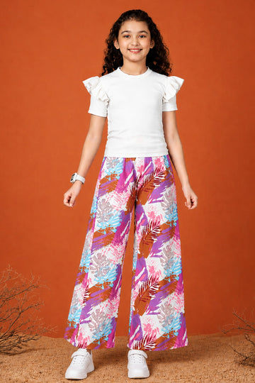 Girls White Cotton BlendAbstact printed Co ords sets