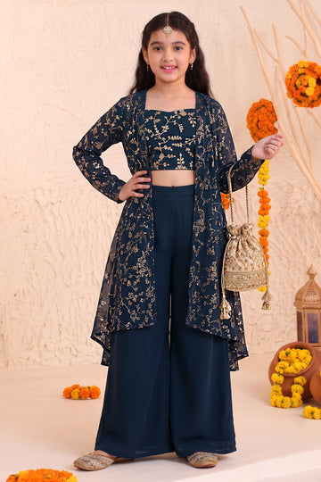 Girls Rama Georgette Printed Shrug, Crop Top With Palazzo Set