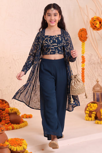 Girls Rama Georgette Printed Shrug, Crop Top With Palazzo Set
