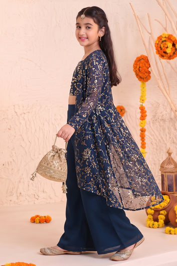 Girls Rama Georgette Printed Shrug, Crop Top With Palazzo Set