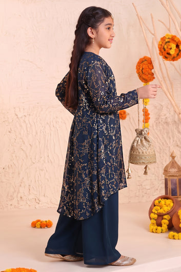 Girls Rama Georgette Printed Shrug, Crop Top With Palazzo Set