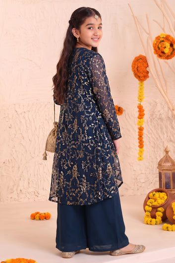 Girls Rama Georgette Printed Shrug, Crop Top With Palazzo Set