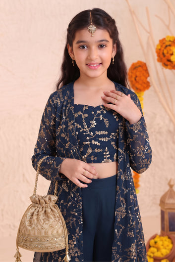 Girls Rama Georgette Printed Shrug, Crop Top With Palazzo Set