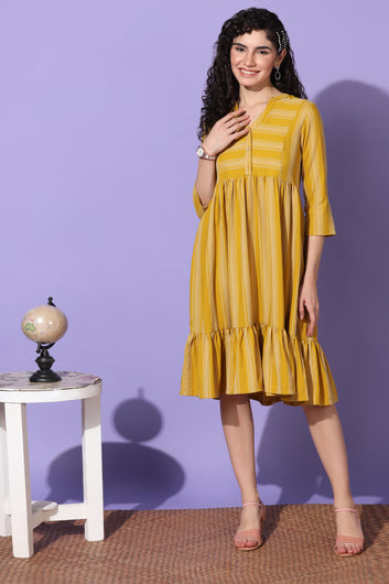 Women's Mustard Striped Knee Length Dress