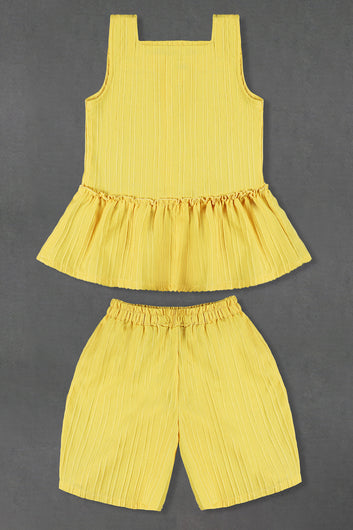 Girls Yellow Cotton Blend Solid Top With Shorts Set