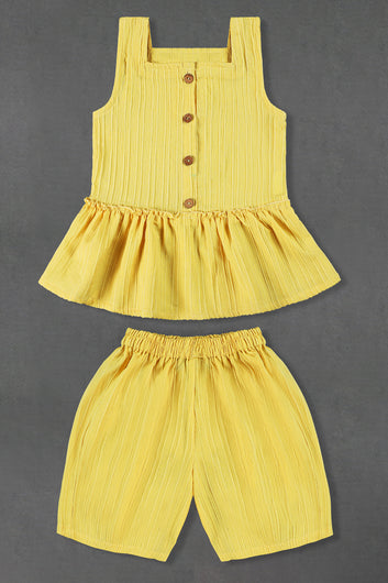 Girls Yellow Cotton Blend Solid Top With Shorts Set