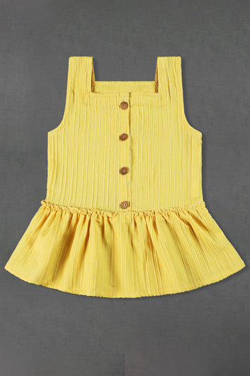 Girls Yellow Cotton Blend Solid Top With Shorts Set