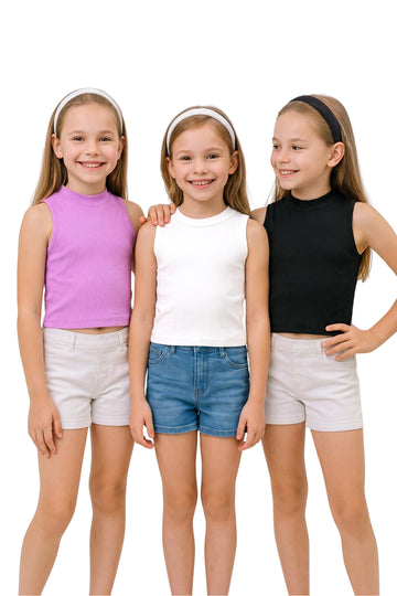 Girls Muticolor Rib Solid, Crew Neck 3-Piece Crop Top Girls Causal Top