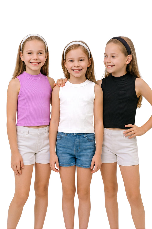 Girls Muticolor Rib Solid, Crew Neck 3-Piece Crop Top Girls Causal Top