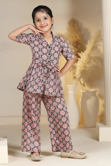 Girl's Black Cotton Blend Printed Co-ord Set