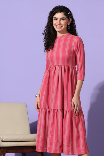 Women's Pink Striped Tiered Midi Dress