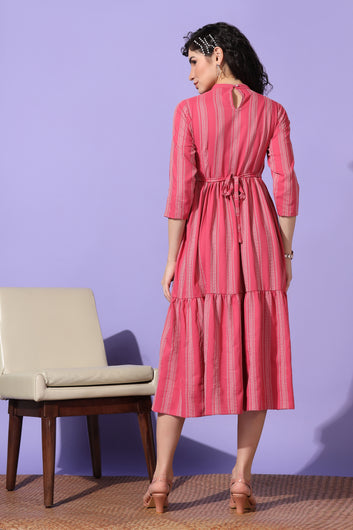 Women's Pink Striped Tiered Midi Dress