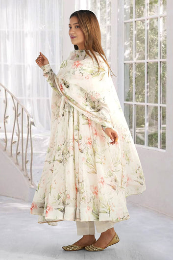 Womens Off White Georgette Floral Printed A-Line Kurta Set with Dupatta