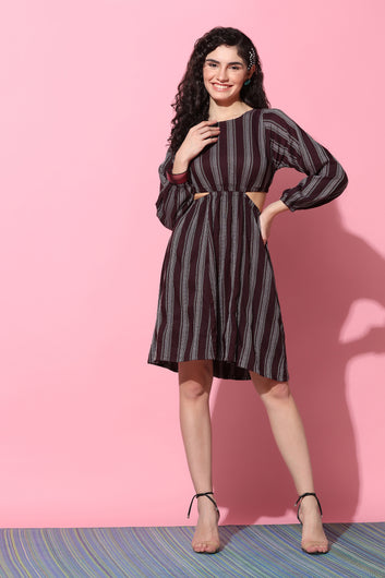 Women's Wine Striped Waist Cut-Out Dress