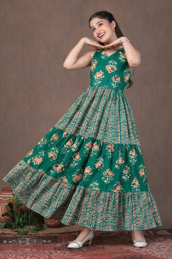 Girls Turquoise Cotton Floral Printed Tiered Maxi Dress