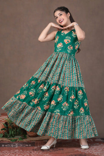 Girls Turquoise Cotton Floral Printed Tiered Maxi Dress