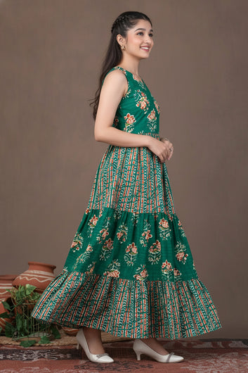 Girls Turquoise Cotton Floral Printed Tiered Maxi Dress