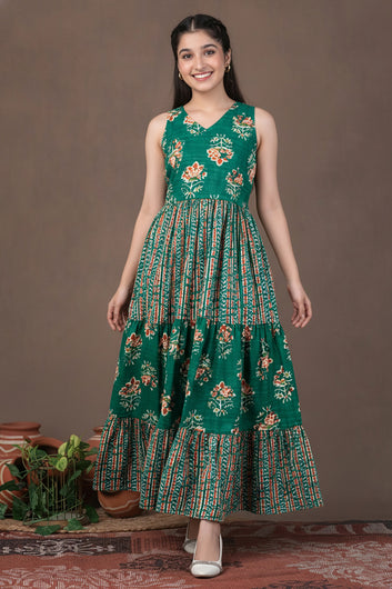 Girls Turquoise Cotton Floral Printed Tiered Maxi Dress