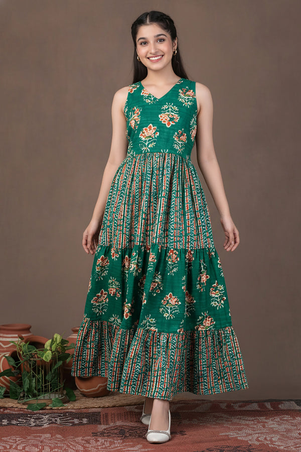 Girls Turquoise Cotton Floral Printed Tiered Maxi Dress