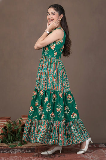 Girls Turquoise Cotton Floral Printed Tiered Maxi Dress