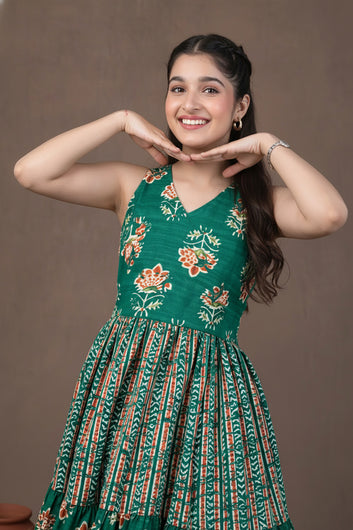 Girls Turquoise Cotton Floral Printed Tiered Maxi Dress
