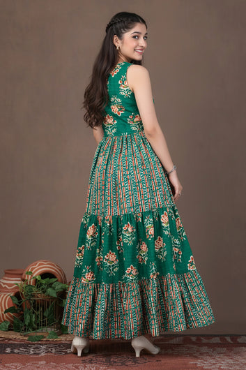 Girls Turquoise Cotton Floral Printed Tiered Maxi Dress