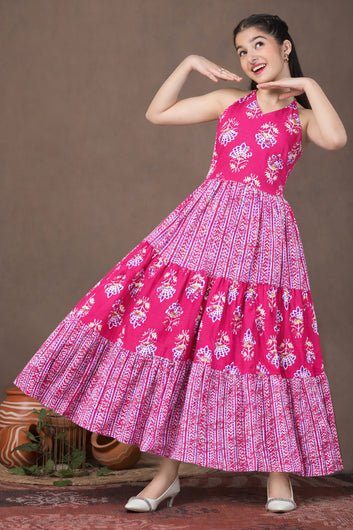 Girls Pink Cotton Floral Printed Tiered Maxi Dress