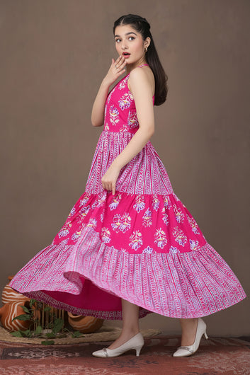 Girls Pink Cotton Floral Printed Tiered Maxi Dress