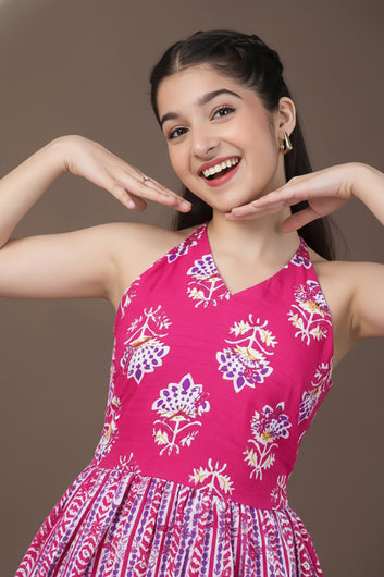 Girls Pink Cotton Floral Printed Tiered Maxi Dress