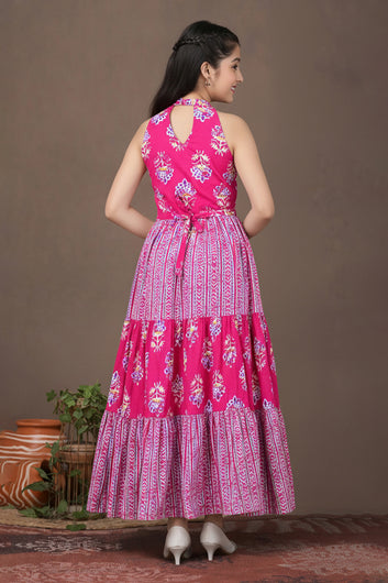 Girls Pink Cotton Floral Printed Tiered Maxi Dress