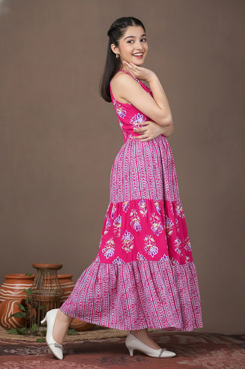 Girls Pink Cotton Floral Printed Tiered Maxi Dress