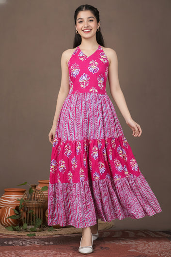 Girls Pink Cotton Floral Printed Tiered Maxi Dress