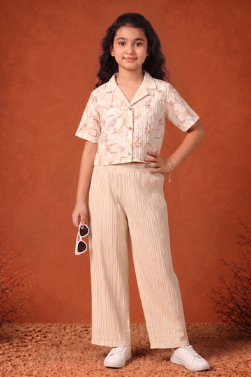 Girls's Chikoo Cotton Blend Embroidered Top and Pant Set