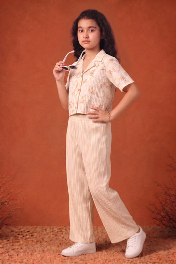 Girls's Chikoo Cotton Blend Embroidered Top and Pant Set