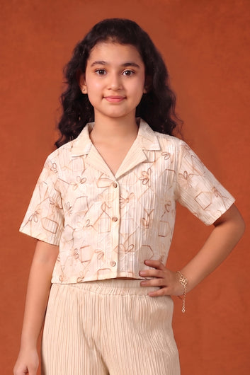 Girls's Chikoo Cotton Blend Embroidered Top and Pant Set