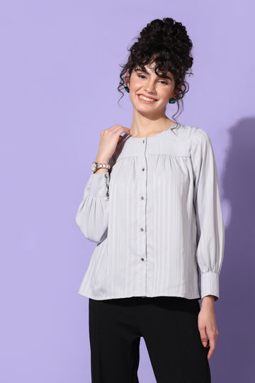 Women's Grey Striped Cuff Sleeve Top