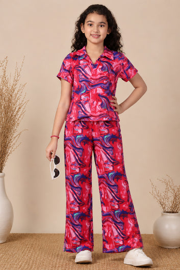 Girls Multicolor  Cotton Blend Abstact Printed Top and Pant Sets