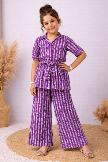 Girl's Purple Cotton Blend Printed Co-ord Set