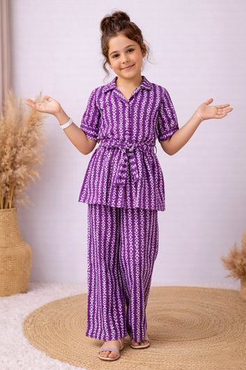 Girl's Purple Cotton Blend Printed Co-ord Set