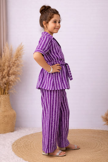 Girl's Purple Cotton Blend Printed Co-ord Set