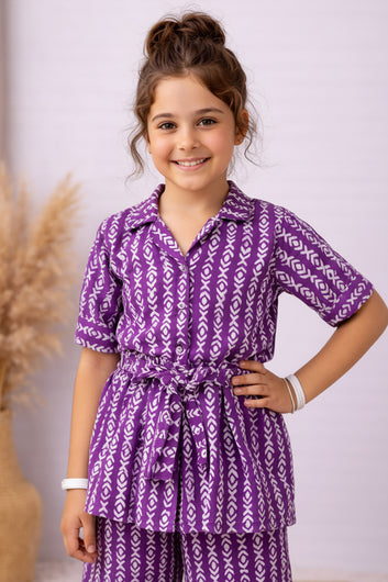 Girl's Purple Cotton Blend Printed Co-ord Set