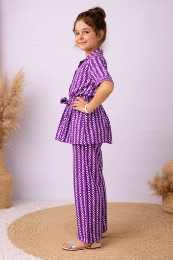 Girl's Purple Cotton Blend Printed Co-ord Set